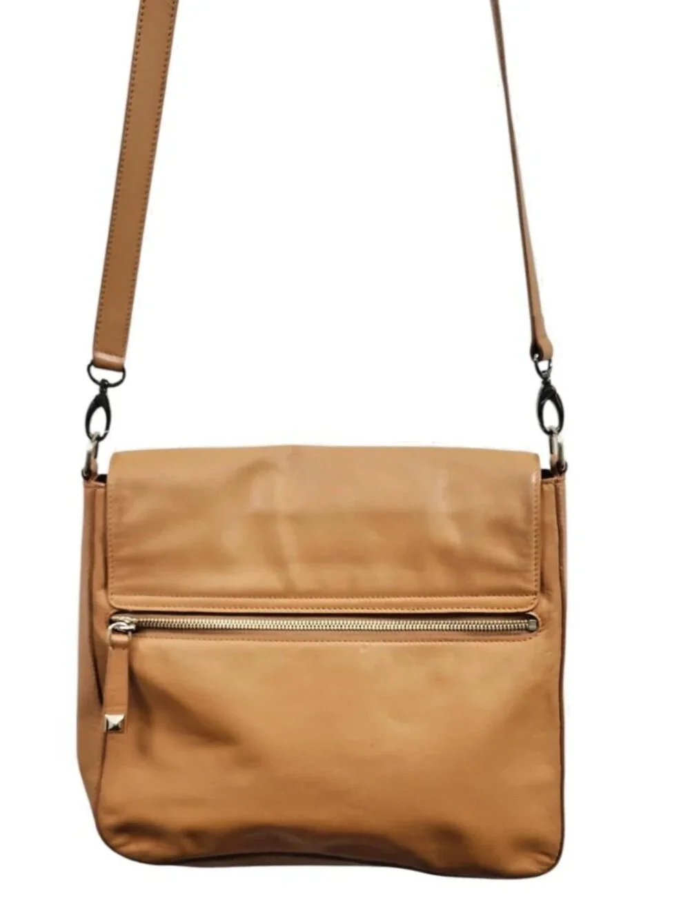 Henri Bendel Leather Crossbody Tan Camel Pink Lining Large Shoulder Purse